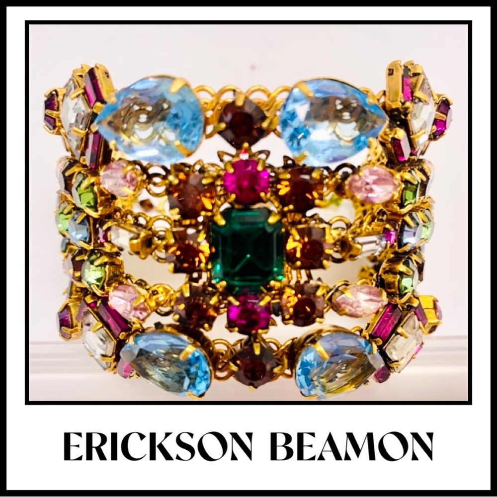 Vtg ERICKSON BEAMON Couture Multi Crystals Rhinestones Cuff Bracelet NM
